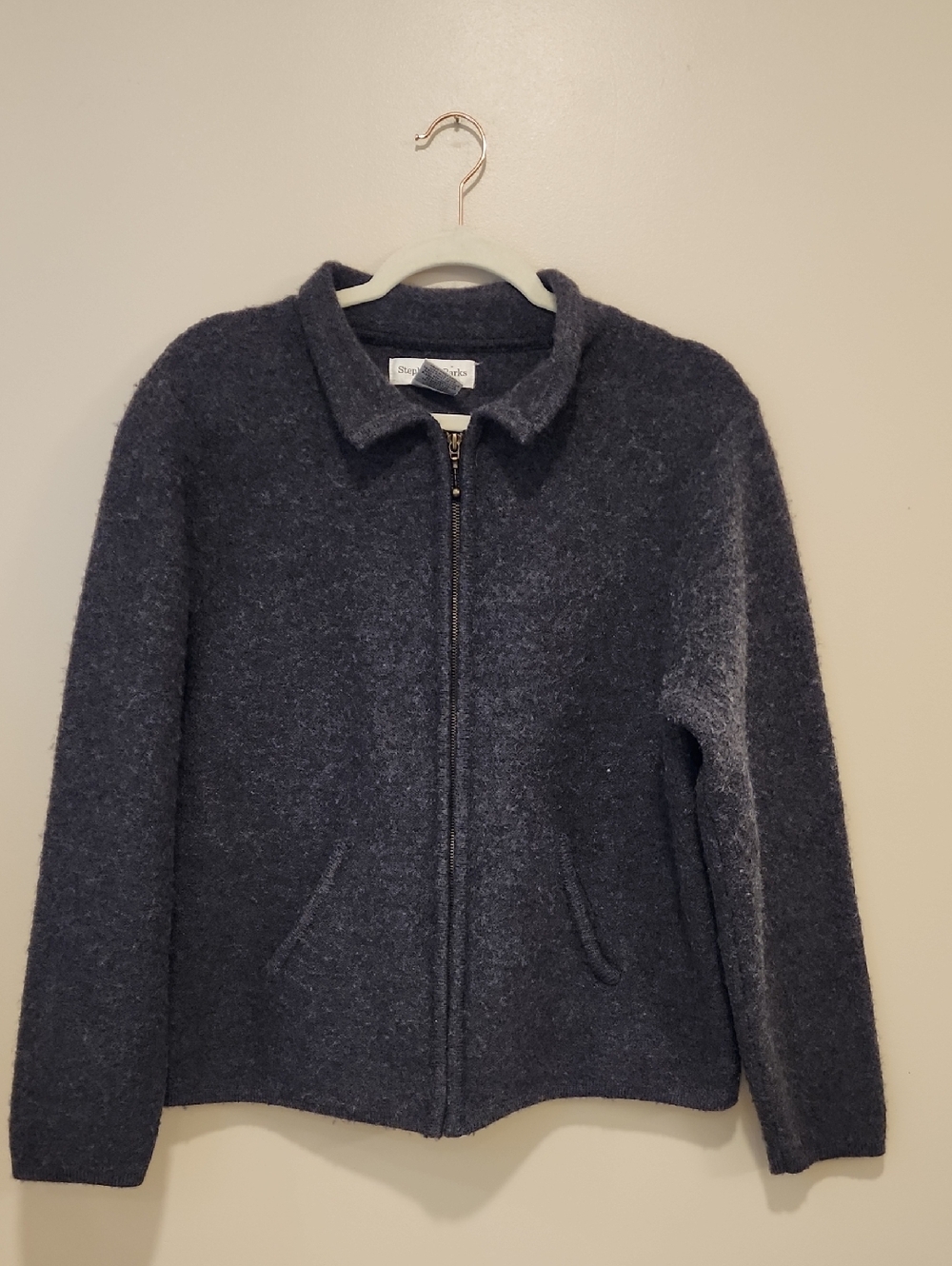 Vintage Stephanie Parks Cardigan Full Zip 100% Wool Charcoal Gray size XL